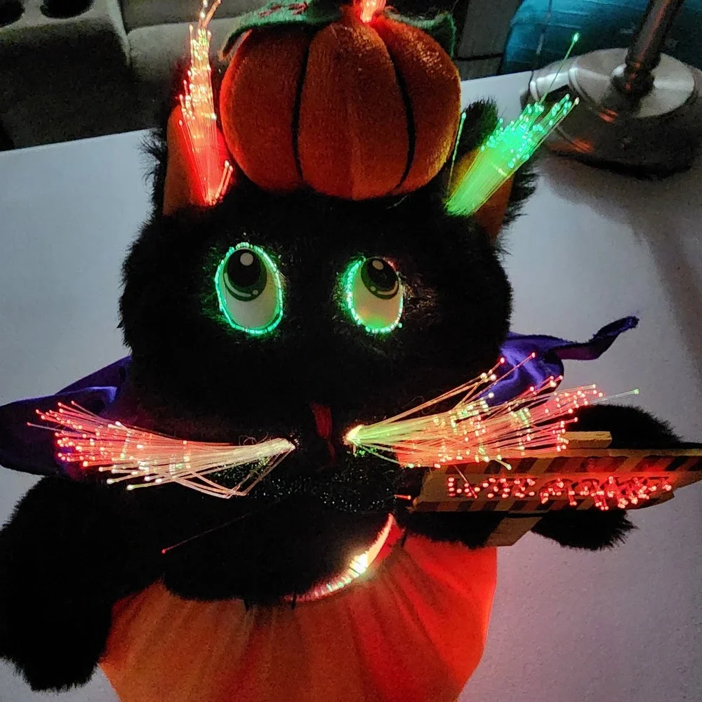 VTG Fiber Optic Halloween Black Cat Pumpkin Welcome Sign Light Up Decor 14 inch